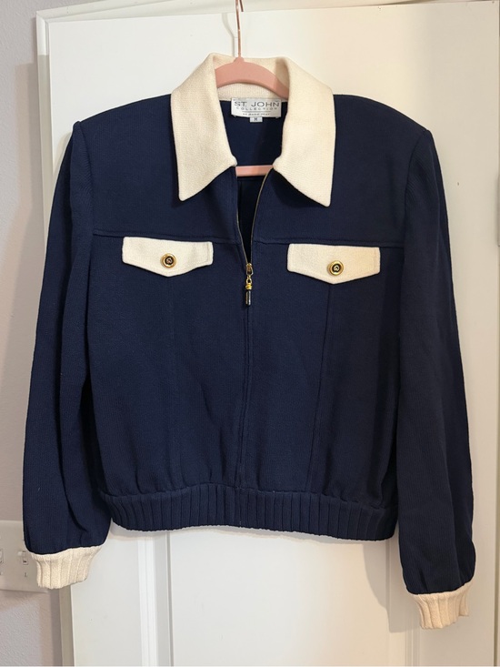 St. John Jackets & Blazers - St. John Navy and Cream Zip-Front Santana Knit Jacket